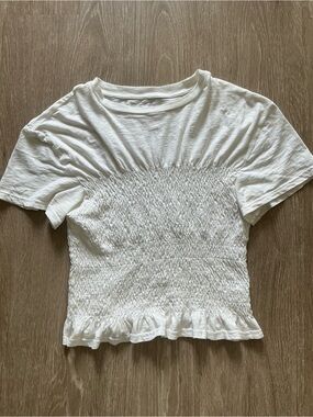 aerie White Smocked Ruffle-Hem Crop Tee